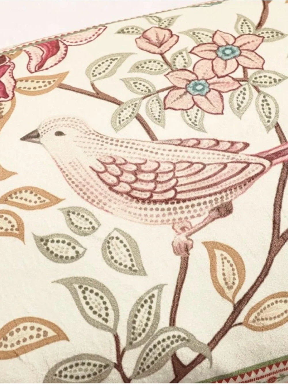 Floral Bird Embroidered Accent Pillow - Pink & Cream